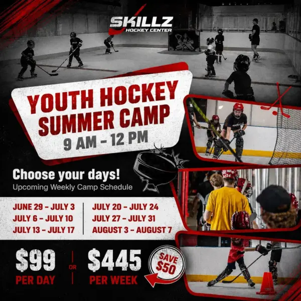 Promotional poster for Youth Hockey Summer Camp with bold red text and camp dates, times (9 AM–12 PM), and pricing; kids playing hockey.