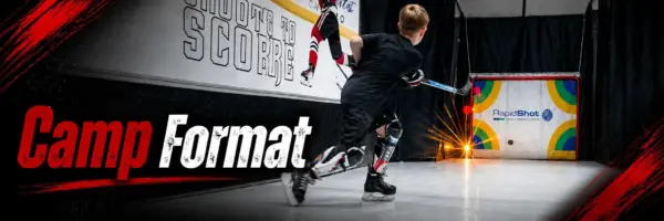 Hockey player in black shoots on an indoor rink toward a colorful goal under a bold 'Camp Formatif' banner on the left.