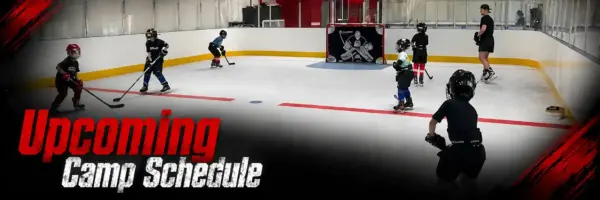 Youth hockey practice on an indoor rink: kids in gear skating and handling sticks near a small goal, with a coach supervising; bold 'Upcoming Camp Schedule' banner across the bottom.