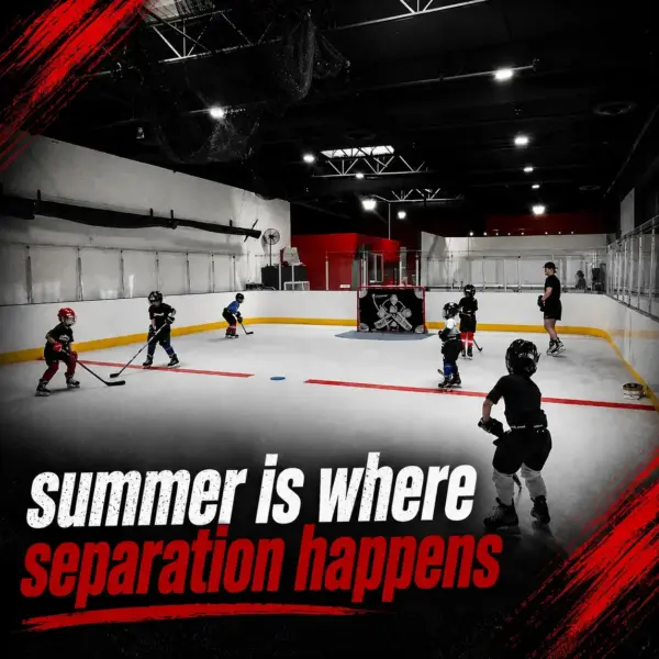 Indoor ice hockey practice for kids; a coach watches as players skate, with the slogan 'summer is where separation happens' across the bottom.