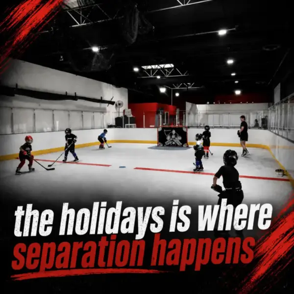 Children playing street hockey on an indoor rink, coach nearby; bold red and white caption reads 'the holidays is where separation happens' across the bottom.